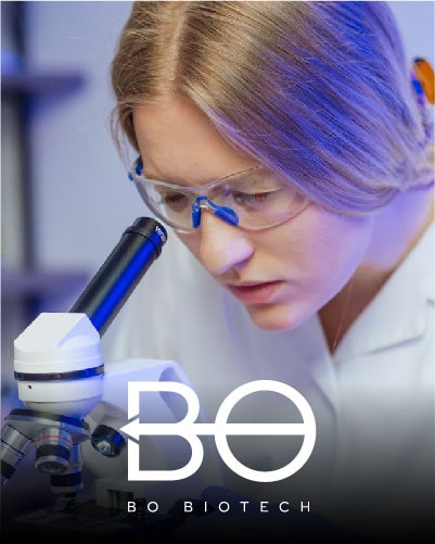 BO Biotech brand name over a female researcher