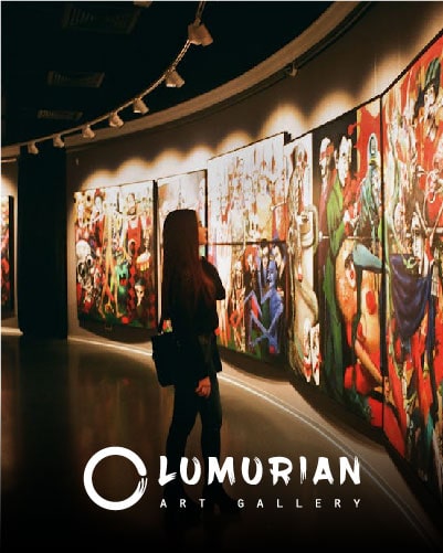 Lumurian brand name over a woman in an art gallery